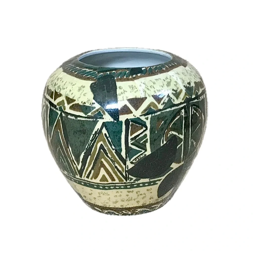 Southwestern Fish Ceramic Vase Geometric Pattern Aztec Boho Earth Tones Indie